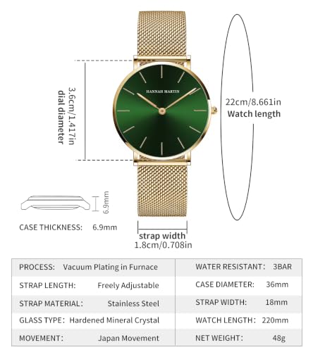 Image of HANNAH MARTIN Watches for Women Analog Women's Watch with Stainless Steel Expansion Band Minimalist Slim Dial 30M Waterproof Ladies Dress Wristwatch for Casual Daily Business