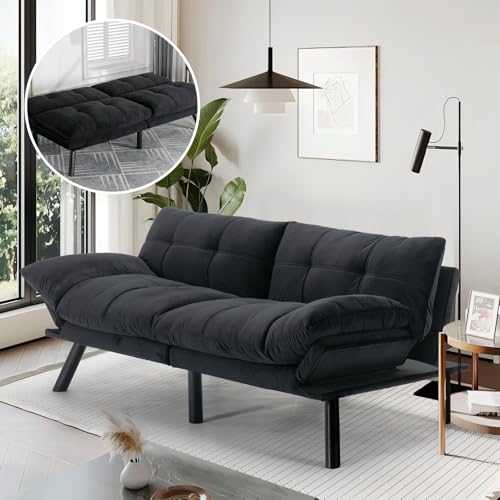 VICBARLEY Convertible Futon Double Sofa Bed,2 in 1 with Adjustable Backrest Memory Foam Loveseat for Living Room Bedroom Office Apartment Compact Sofa(Black)