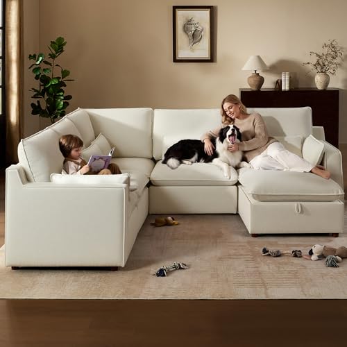 Image of WorthFurni Modern Modular Sectional Sofa,105 inch V Shape Sectional Cloud Couch with Storage Ottoman,Comfty 6 Seat Sofa for Living Room,Beige Chenille