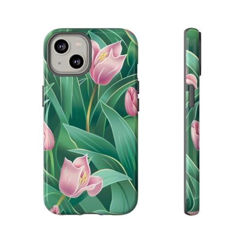 Coque iPhone 14 motif floral tulipe rose en plastique rigide brillant pour protection mobile