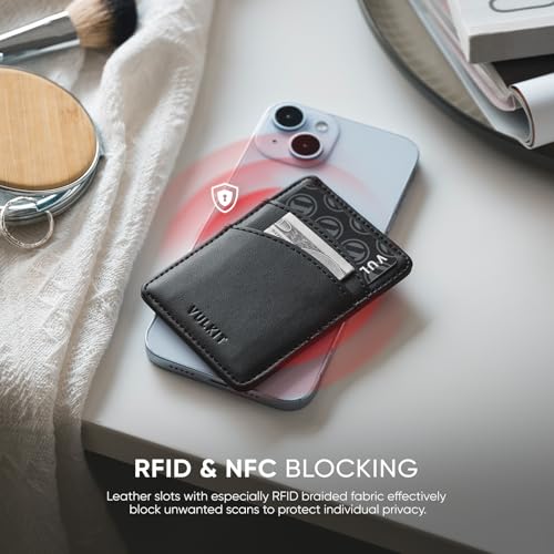 VULKIT Magnetyczne etui na karty na telefon cienki skórzany portfel dla kobiet etui na karty kredytowe z blokadą RFID etui na karty telefoniczne Magsafe, Czarny (Black),Klasyczny