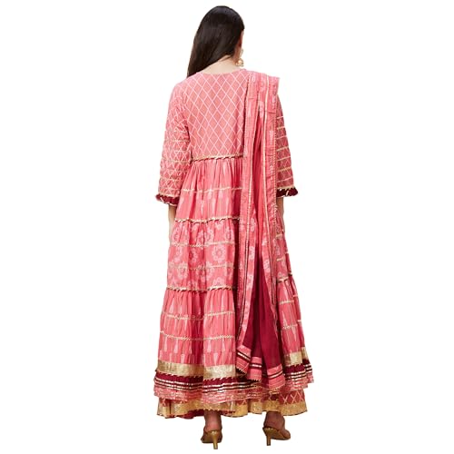 Image of Globus Cotton Women Pink Ethnic Motifs Printed 3-Piece Festive Anarkali Kurta Set with Sharara and Dupatta-3639757001