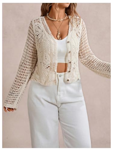 MakeMeChic Women's Plus Size Crochet Sweater Cardigan Button Down Long Sleeve Lightweight Outerwear2