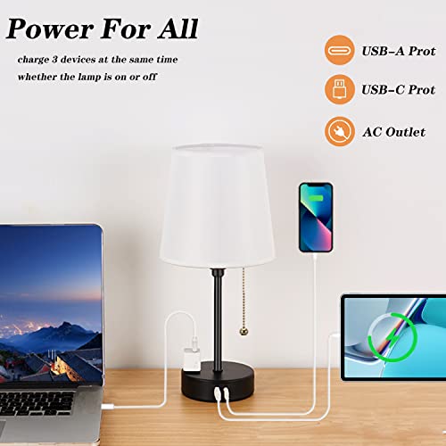 Outioe Bedside Table Lamps For Bedrooms Set Of 2 - Nightstand Lamp With 3 Color Modes By Pull Chain, Small Lamp With Usb C+A Ports And Ac Outlet, Bedroom Decor Mini Bed Side Lamp For Kids #TOP2