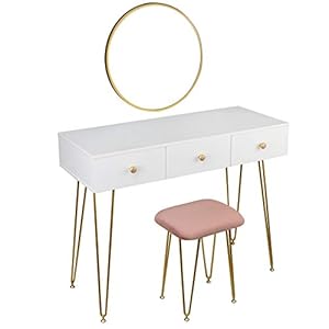eSituro SDT0045 Kaptafel van MDF-hout en massief hout, met kruk, spiegel, 3x schuifladen, make-uptafel, bureau, voor…