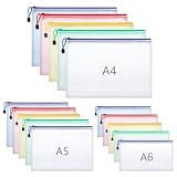 Thboxes 15 Stück Dokumententaschen A4+A5+A6, Dokumententasche mit Reißverschluss Aufhängeschlaufe Etiketten, Wasserdichte PVC Dokumentenmappe Zip Beutel für Unterlagen Büro Schule Reise (5 Farben)