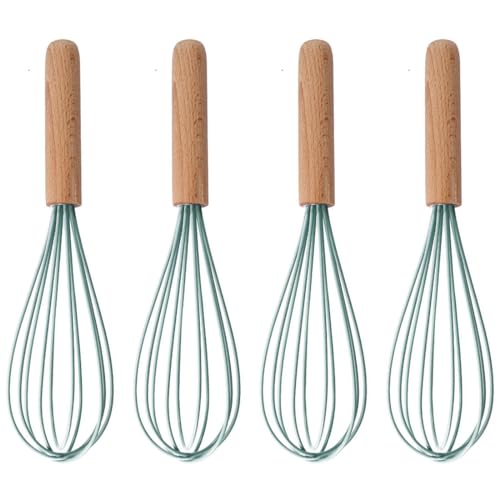 Ousyaah Silicone Whisk (4-Pack), Wooden Handle Manual Kitchen Whisks for Cooking, Classic Balloon Egg Beater Whisks, Suitable for Blending, Whisking, Beating, Frothing and Stirring (Green)