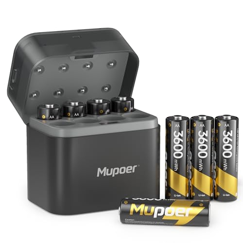 Rechargeable Battery AA with Hybrid Charger,3600mWh Lithium AA Batteries 8 Count 1.5V,Aa Battery Charger for NiMH & Lithium Batteries,Integrated Charging Storage Box Gray,8 Slot,Fast Charging