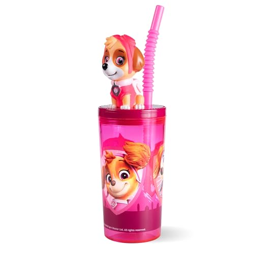 p:os Paw Patrol Gobelet avec couvercle et paille pour enfant, 360 ml, avec figurine Skye 3D, sans BPA et adapté aux boissons gazeuses, idée cadeau garçon