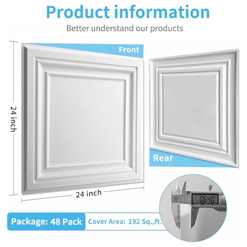Image of Art3d PVC Ceiling Tiles, 2'x2' Plastic Sheet in Pure White (48-Pack, Multi-Pack)