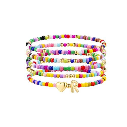 M MOOHAM Valentines Gifts for Kids - 5PCS Colorful Beaded Initial Bracelets for Girls Women Cute Stretch Heart Letter Bracelet Initial Stackable Bracelet Birthday Gift Jewelry for Kids Teen Girl