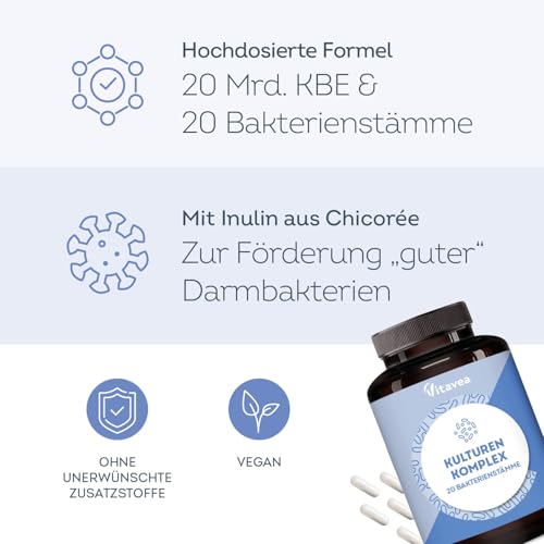 Kulturen-Komplex – 20 Bakterienstämme + Inulin – 20 Mrd. KBE pro Tagesdosis – Magensaftresistent & Vegan – mit Lactobacillus & Bifidobakterien – 90 Kapseln – Laborgeprüft, Ohne Zusatzstoffe – Vitavea
