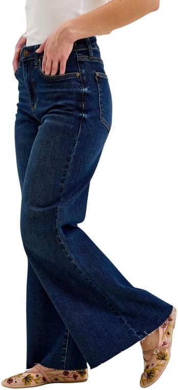 Judy Blue High Waist Dark Wash Retro Wide Leg Jeans – Adjustable Waist Tabs & Raw Hem, Petite 29” Inseam