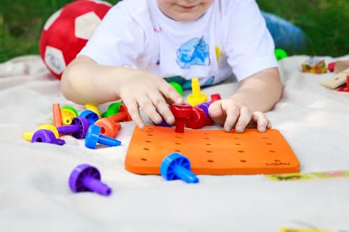 Image of Toddler Peg Board Sensory Montessori Fine Motor Skills Educational Toys - 30 Stackable Pegs + Pattern Card + Drawstring Backpack + E-Book (Orange)