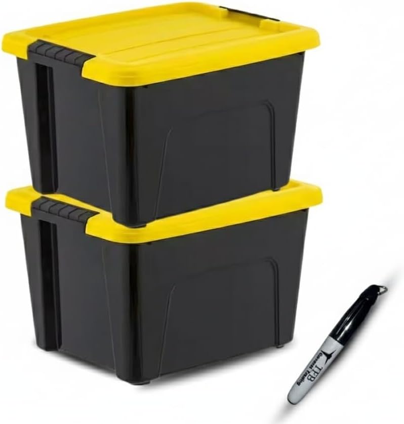 TFB 5 Gallon Plastic Storage Totes with Locking Lids, Stackable Heavy-Duty Storage Bins for Garage, Home & Tool Organization, Durable Black & Yellow Containers, 2-Pack with Mini Marker