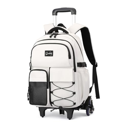 Etaishow Mochila com rodinhas para meninos com rodas, mochila escolar com rodas para meninos adolescentes, H 6 rodas - branco, 6 rodas
