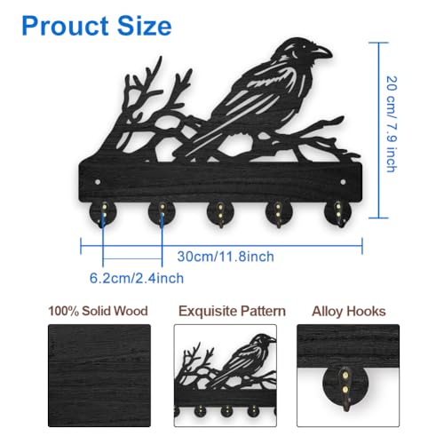 MAYJOYDIY Wood Tree Branch Crow Key Hook Animal Bird Key Holder Wall Mount 5 Alloy Hooks Home Decor Gifts Entryway Kitchen Bathroom Storage Organizer - Image 2