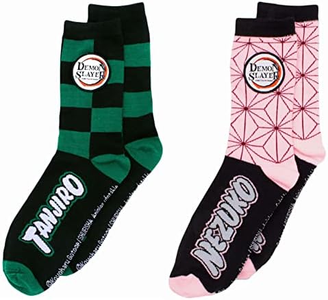 Demon Slayer Assorted 2-pack Socks - Nezuko & Tanjiro Character Pattern Anime Crew Socks, Multicolor, One size