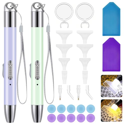 CoKeeSun 2 Stück Diamant Malerei Bohrstift Set LED Diamond Painting Stift USB Wiederaufladbar mit 2 Beleuchtungsmodi 5D Drill Pen für Nagel Kunst DIY Handwerk Dekoration(Violett Grün)