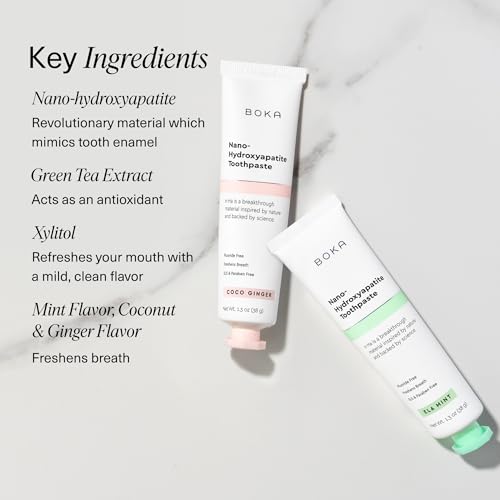 Image of Boka Fluoride Free Toothpaste, Nano Hydroxyapatite Toothpaste, Appropriate for Sensitive Teeth - for Adult, Kids Oral Care - Ela Mint, Coco Ginger Flavor, 1.3 Fl Oz 2Pk US Manufactured (Pack of 2)