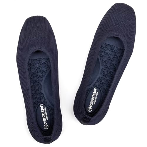 Frank Mully Womens Square Toe Flat Shoes Comfortable Knitted Flats Work Flats for Woman