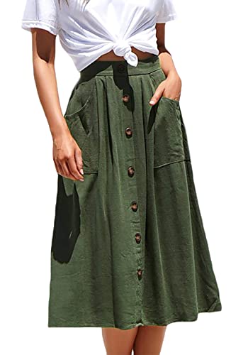 Naggoo Womens Summer Casual Greeen Skirts Elastic Waist Front Button Outfits A Line Midi Skirt With Pockets(L,Army Green) #TOP29