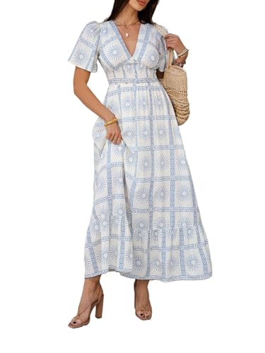 Image of Boho Floral Maxi Dress for Women 2026 Empire Waist Short Sleeve Dresses Summer Beach Vacation Wedding Guest Outfit