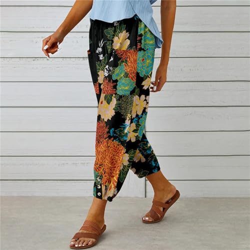 Women's Casual Capri Wide Leg Pants Floral Print Baggy Harem Pant with Pockets3