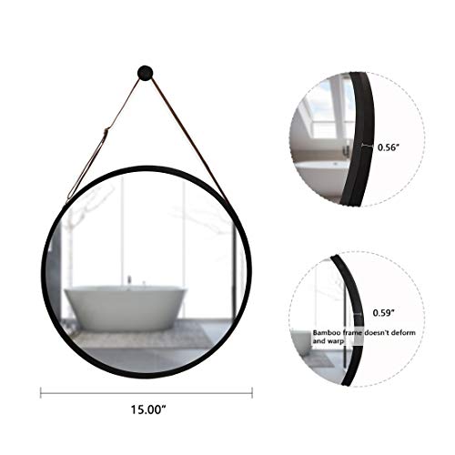Hanging Round Black Wall Mirror - Circle Bamboo Frame 15 Inch & Adjustable Leather Strap, Makeup Vanity Dressing #TOP5