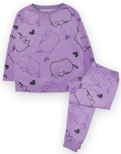 Pusheen Girls Pyjama Set | Purple Velour Fleece All Over Print PJs For Kids | Long Sleeve T-Shirt & Long Leg Pants