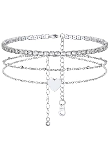 Image of FindChic Black /Silver /Gold Plated Anklets Set of 2PCS /3PCS Herringbone Chain Cuban Link Heart Charm Sparkling Tennis Ankle Bracelets, Waterproof Summer Foot Jewelry for Beach