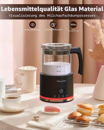 Foto von Morpilot Milchaufschäumer Elektrisch, 600W 130-500ml, 4 in 1 Milchschäumer für Heißer und Kalter, Spülmaschinenfest, Latte-Design, Visuelles Glas, Schwarz