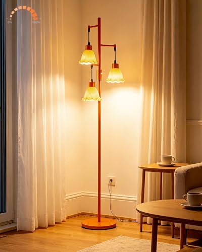Image of Lightdot Glass Floor Lamps for Living Room, 3-Light Dimmable Floor Lamp with Orange Glass Shade& E12 Bulbs Included, Mid Century Standing Tall Lamp with 5Lbs Heavy Base for Bedroom /Sofa Beside