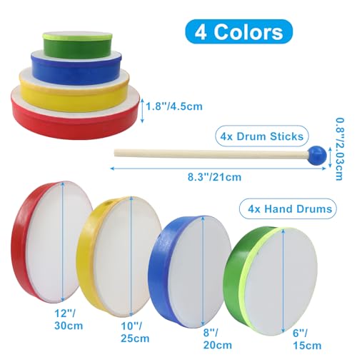 Zorfeter 4 Pcs Hand Drums, Multicolor Wood Frame Drum Set Drum Stick for Beginners Home Party Supplies(12", 10", 8", 6")