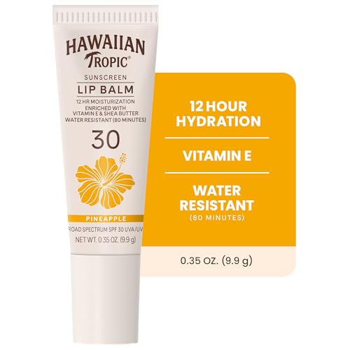 Image of Hawaiian Tropic Sunscreen Lip Balm SPF 30, Pineapple, 0.3 Oz | Hydrating SPF lip balm with vitamin E and shea butter, Natural finish, Pineapple flavor, Water resistant, Travel sunscreen