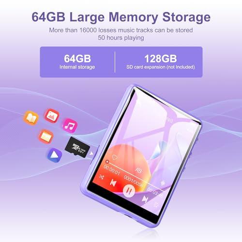 Image of MP3 Player Bluetooth 5.3 - SWOFY 64GB Mp3 Music Player with 2.4 inch Touch Screen, Portable Digital Audio Player with HD Speaker FM Radio, Recording Support up 512GB Purple