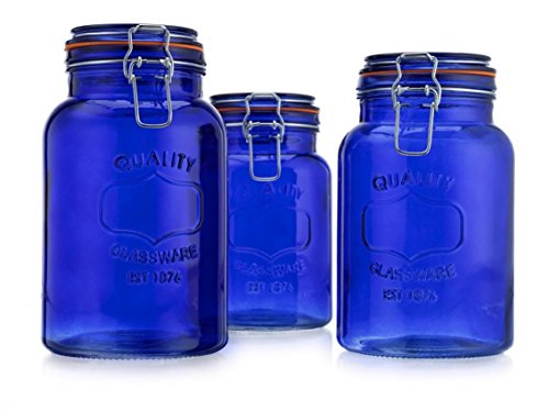 American Reproductions Glass Canister Quality Set of 3 Blue Round Jar with Hermetic Seal Bail & Trigger Airtight Lock for Kitchen - Food Storage Containers