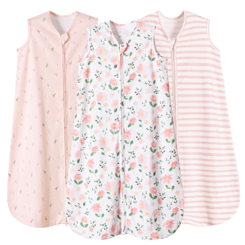 Image of PHF 100% Organic Cotton Baby Sleep Sack 6-12 Months, Soft Lightweight Wearable Blanket for Babies, 2-Way Zipper 0.3 TOG Comfy Toddler Sleeping Sack 3 Pack for Boys Girls Neutral, Pink Floral (Medium)