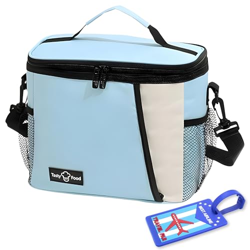 Image of OCEANEVO Insulated Lunch Bag with Luggage Tag, Tiffin Bag for Office with Handle and Shoulder Strap for Men and Women - 25 x 17.5 x 20 Cm - Sky Blue