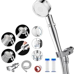 Handheld Shower Heads with ON/OFF Switch,Shower Heads flow regulation Pressure-Hand Held Showerhead Set,3 Modes Filtered Showerhead with 59″ Hose， Hose/Bracket/Cotton Filters
