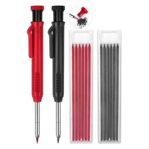 2 Pack Carpenter Pencils Mechanical Pencils with 12 Refills, Construction Pencils with Built-in Sharpener, Long Nib Deep Hole Pencil Marker, Heavy Duty Woodworking Pencil for Architect (2 Colors)
