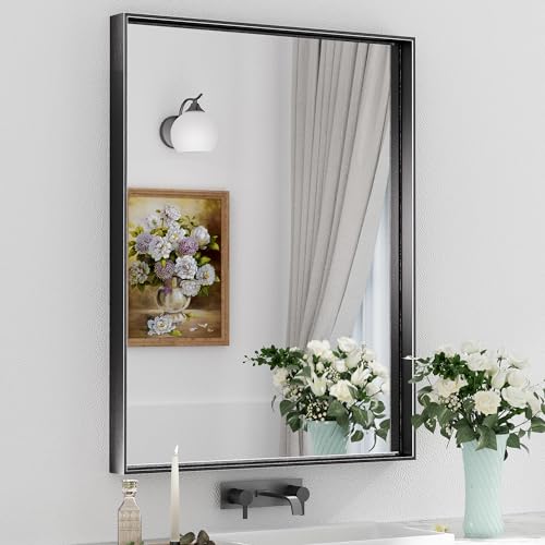 Image of Keonjinn 28x36 Inch Black Bathroom Mirror for Over Sink, Wall Mounted