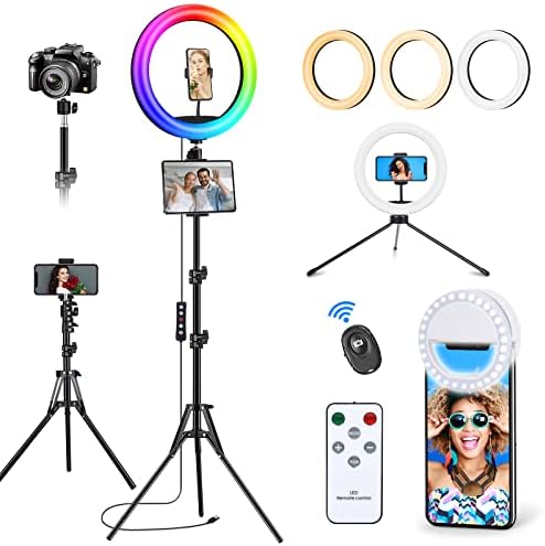 13" Selfie Ring Light with 63" Stand and Phone Holder, 53 Lighting Modes, Remote, iPad Holder, Desk Tripod, RGB Ringlight for iPhone. Vlogging Circle Led Halo Light Content Creator Kit for Video Photo