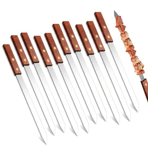 10 Stück Flache Grillspießen Edelstahl 45 cm Schaschlikspieße Wiederverwendbar mit Schutzkappen Adana Kebab Spieße mit Holzgriff Kebab Spieße für Fleisch Gemüse