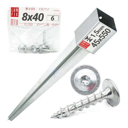 Support de Poteau 45x45mm galvanisé avec 6 vis 8×40 mm, support piquet clôture bois, poteau pour toile ombrage, piquet ancrage sol métal pour jardin, piquet de support, enfoncer stable, ancre