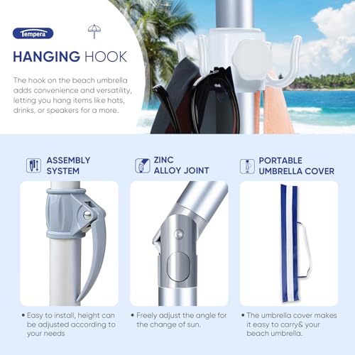 Image of Tempera Heavy Duty High Wind Beach Umbrella with Sand Anchor & Carry Bag | Patio Outdoor Umbrella with Aluminum Frame and Push Button Tilt, Ideal for Garden Lawn, UPF 60+