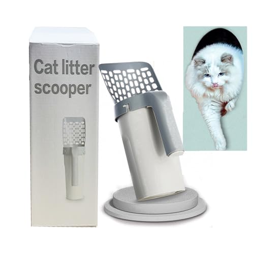 猫砂スコップ 猫砂すくい セット 猫トイレ用品 【一体型&ゴミ箱付き】 PP樹脂製 省スペース 収納コンパクト 手元ですべて完了 高性能ふるい 各種猫砂対応 頑丈で長持ち 猫砂清掃ツール 猫用砂スコップ 時短 効率 節約 シルバーグレー (オフホワイト)