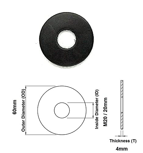 TERF® 10 Pcs Black Rubber Penny Washer M20 / 20mm X 60mm X 4mm Penny Washers Size: 20mm Inside Diameter (Hole) X 60mm Out Side Large Diameter X 4mm Thickness - Image 3