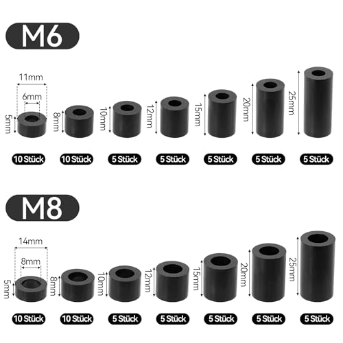 90 Stück ABS Abstandshalter Kunststoff Rund Schwarz, Distanzhülsen M6 M8, Nylon Abstandshalter Wand & Schrauben, Nicht Gewinde Spalte Distanzscheiben, Abstandhalter Set mit Aufbewahrungsbox