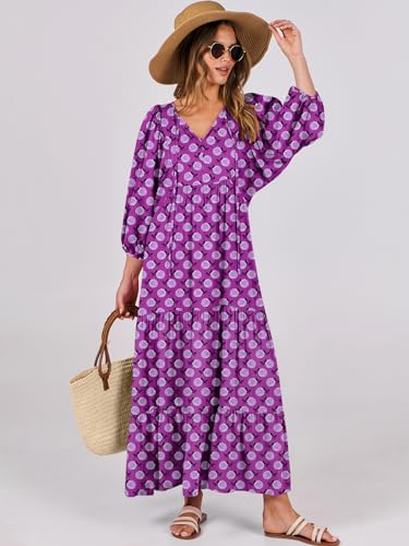 Image of ANRABESS Womens Boho Floral 3 /4 Puff Sleeve Maxi Dress | Tiered Flowy Loose Fit, Comfy Soft Rayon Fabric, Wedding Guest Church Beach, Modest Elegant, Spring Summer Fall Outfits